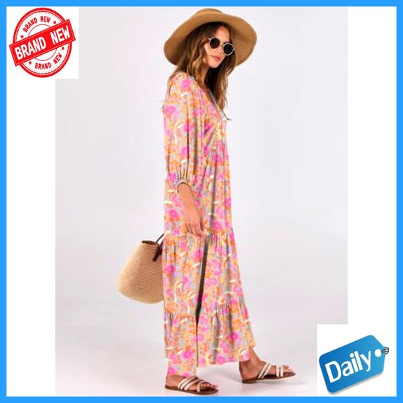 Boho Maxi Dress Flowy Swing V Neck Puff Sleeve Floral Print Casual Elegant - Picture 4 of 7